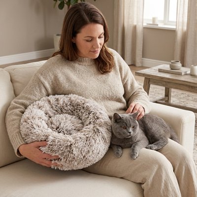 Coussin pour Chat et chat gris avec son humain