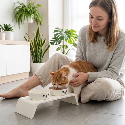 Gamelle Chat surélevée avec chat blanc et roux