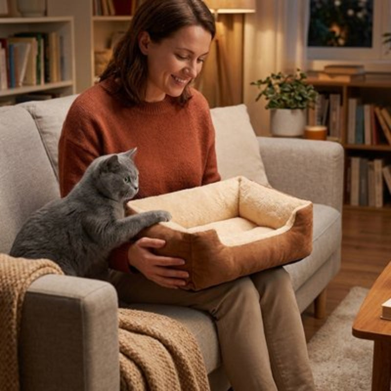 Panier chat avec chat gris et son humain