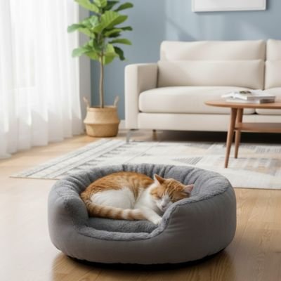 Panier pour chat gris avec chat blanc et roux