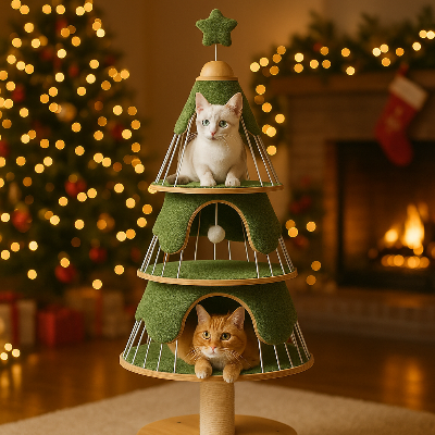 Arbre a chat de noël festif vert blanc deux chats