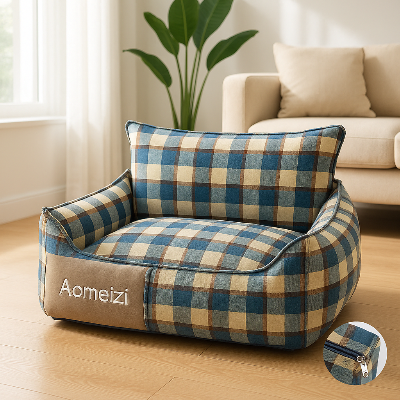 Canape pour chat a carreaux bleu et beige housse amovible