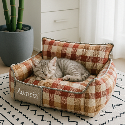 Canape pour chat a carreaux rouge et beige bebe chaton