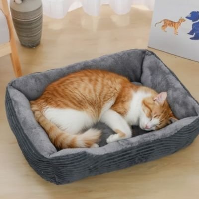 Panier chat confortable douillet avec chat roux blanc
