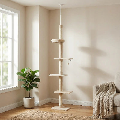 arbre a chat beige et blanc quatre plateformes