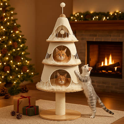 arbre a chat de noël blanc festif 