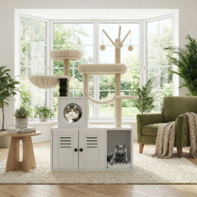 arbre a chat en bois pour litière blanc beige