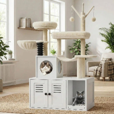 arbre a chat en bois pour litière blanc gris