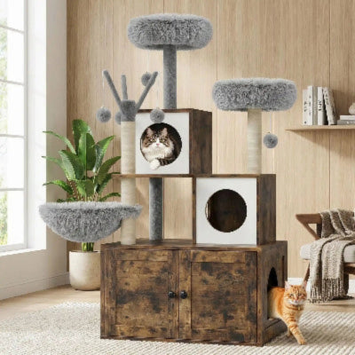 arbre a chat en bois pour litière brun gris