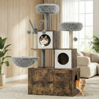 arbre a chat en bois pour litière gris brun