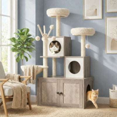 arbre a chat en bois pour litière mur bleu