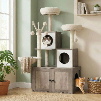 arbre a chat en bois pour litière mur vert 