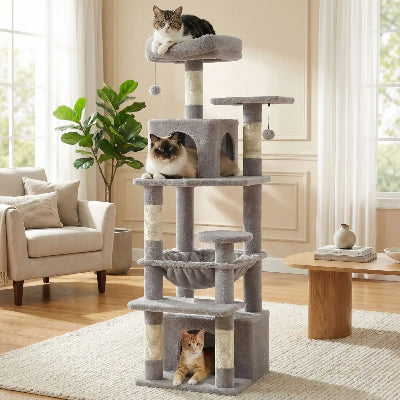 arbre a chat gris trois chats brun beig roux