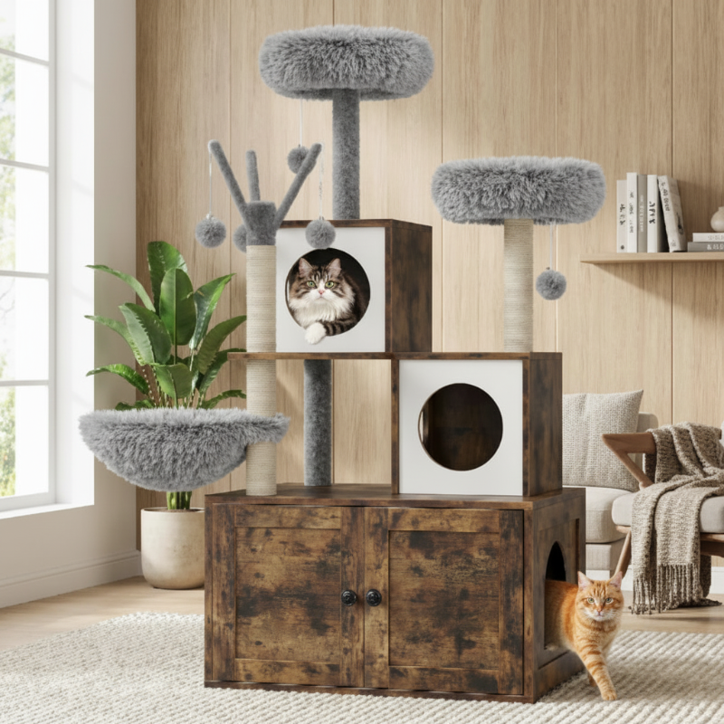 Arbre à chat brun/gris deux chat