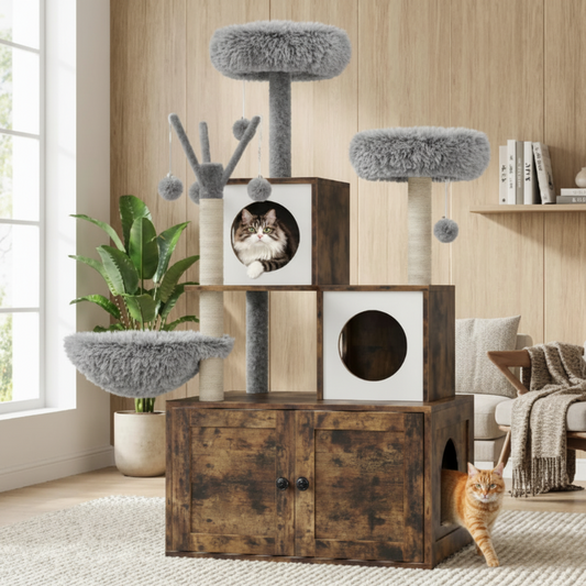 Arbre à chat brun/gris deux chat