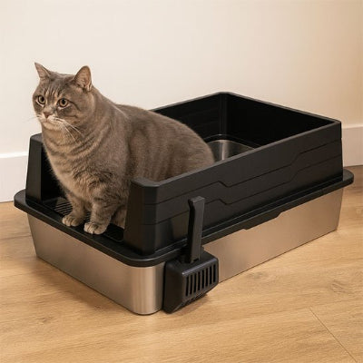 Bac à litière Chat avec un gros chat gris