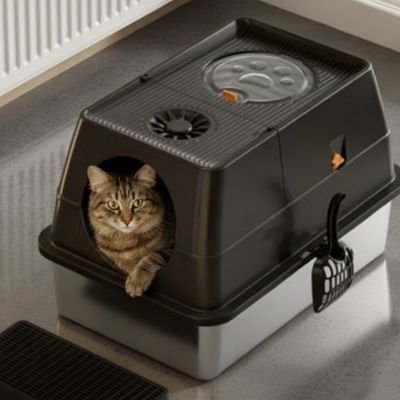 Bac à litière Chat gris avec un chat