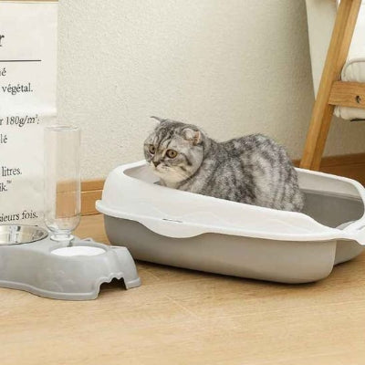 Bac à litière chat gris-et-blanc