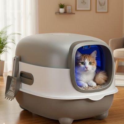 Bac à litière chat grise avec chat