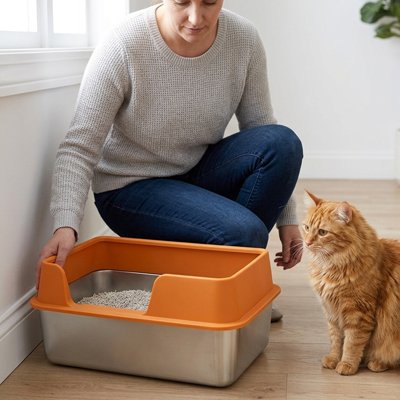 Bac à litière Chat orange et humain