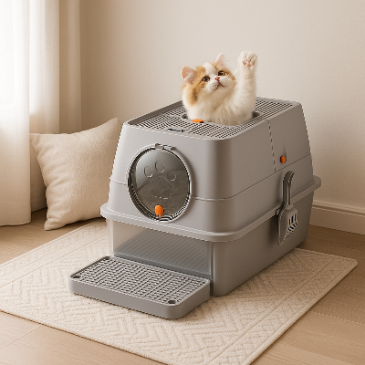 bac a litiere pour chat gris avec chat roux et blanc