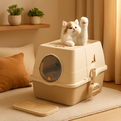 bac a litiere pour chat gris avec chat roux et blanc