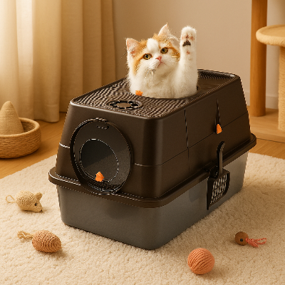 bac a litière pour chat noir avec chat roux et blanc 