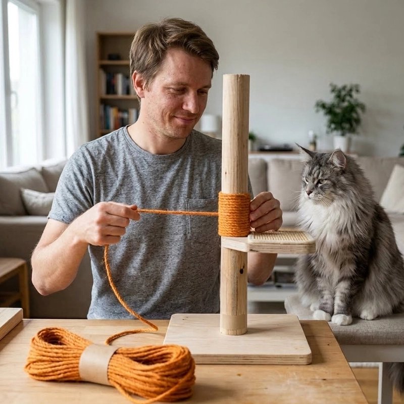 Corde arbre a chat orange homme et chat gris