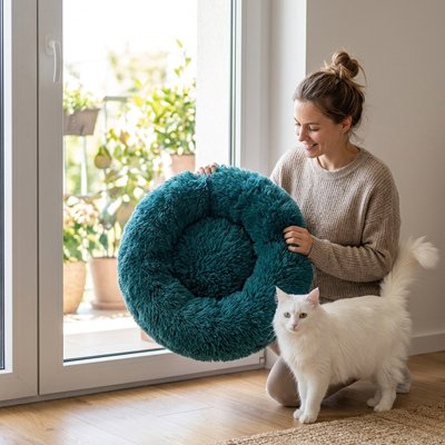 Coussin Chat vert et chat blanc