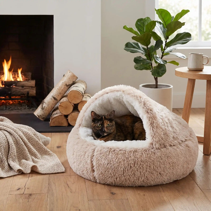 coussin grotte pour chat beige chat brun ambiance cheminée