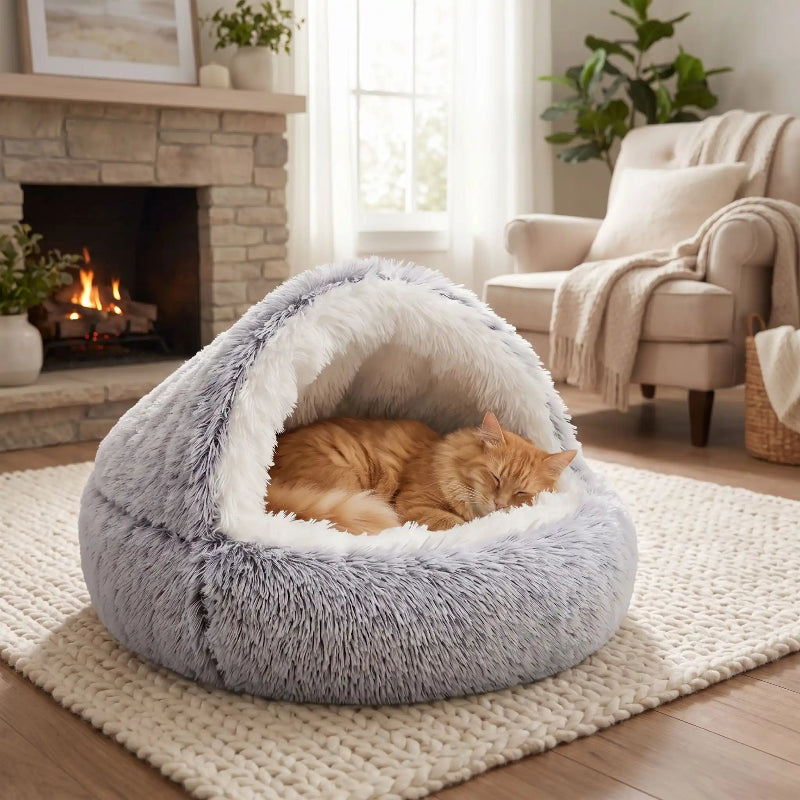 coussin grotte pour chat gris chat roux endormi devant cheminée