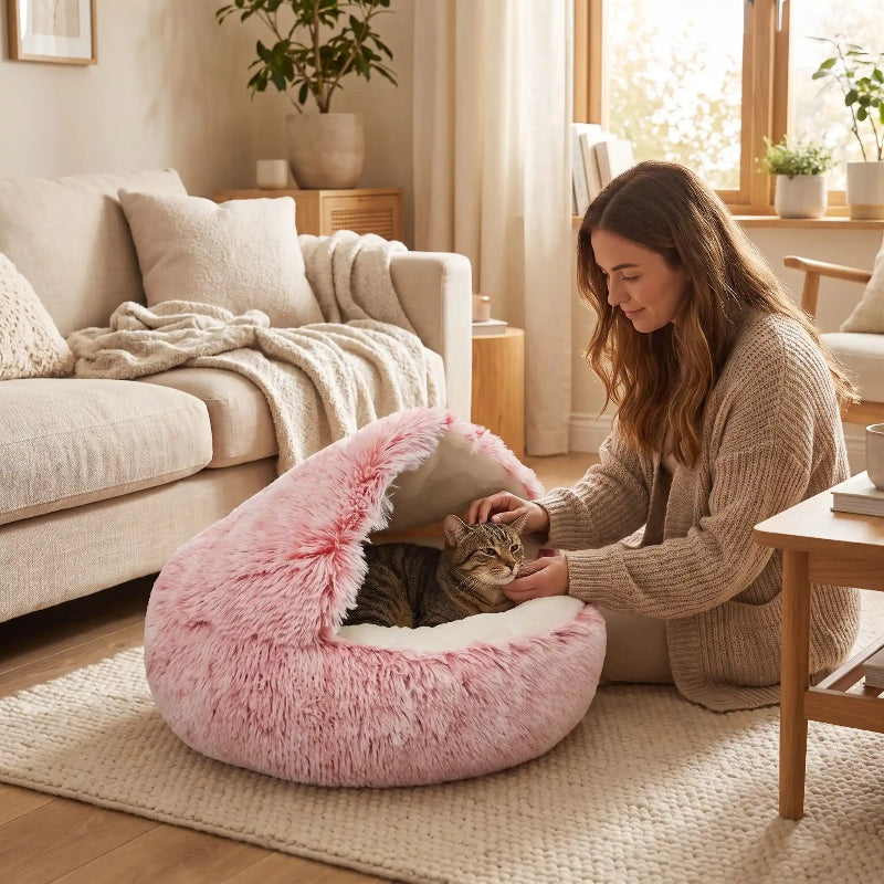 coussin grotte pour chat rose femme caressant chat tabby