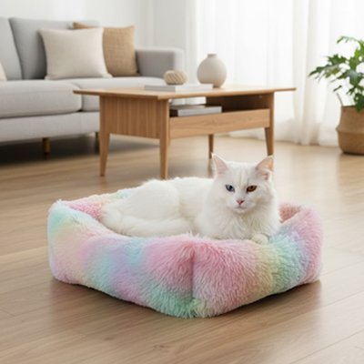 Coussin pour Chat arc en ciel chat blanc