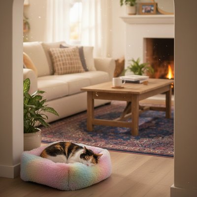 Coussin pour Chat arc en ciel chat calico