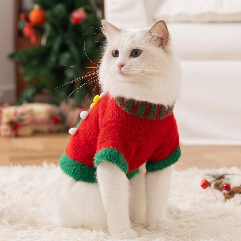 Pull de Noël pour chat – Motif boules multicolores