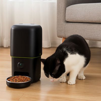 Distributeur automatique croquettes Chat noir et blanc