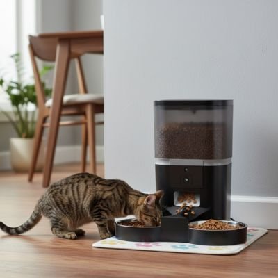 Distributeur de croquettes chat noir deux plateaux