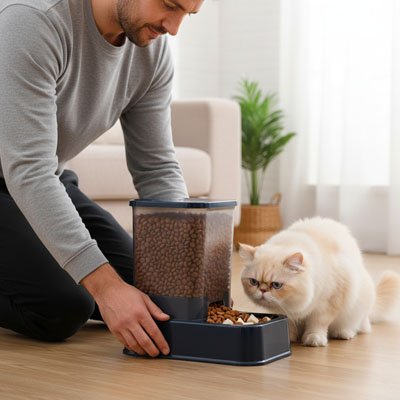 Distributeur de croquettes pour Chat avec homme