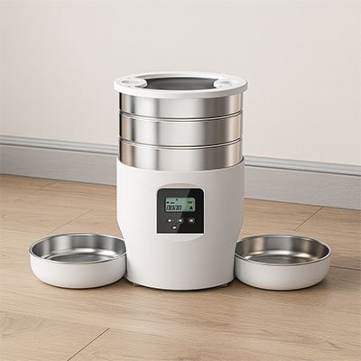 Distributeur de croquettes pour chat blanc deux plateaux