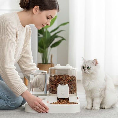 Distributeur de croquettes pour Chat blanc et dame