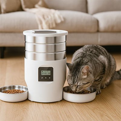 Distributeur de croquettes pour chat blanc