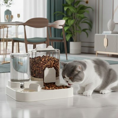 Distributeur de croquettes pour Chat gris blanc