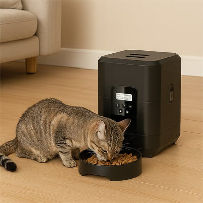 Distributeur de croquettes pour chat​ gris qui mange