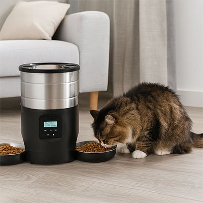 Distributeur de croquettes pour chat noir deux plateaux