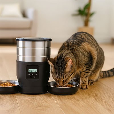 Distributeur de croquettes pour chat gris zébrer