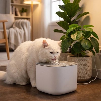 Fontaine a eau Chatet chat blanc