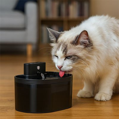 fontaine a eau chat noir beige