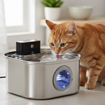 Fontaine a eau Chat roux qui boit
