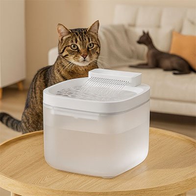 Fontaine eau chat blanche et chat sur canaper