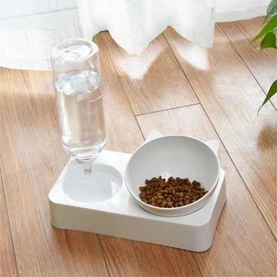 Gamelle Chat blanc avec bouteille d'eau